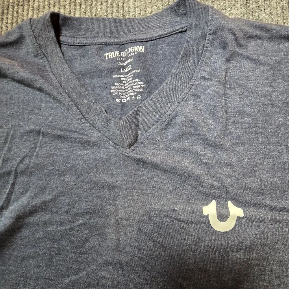 True Religion T Shirt Men's L Blue V Neck Short Sleeve